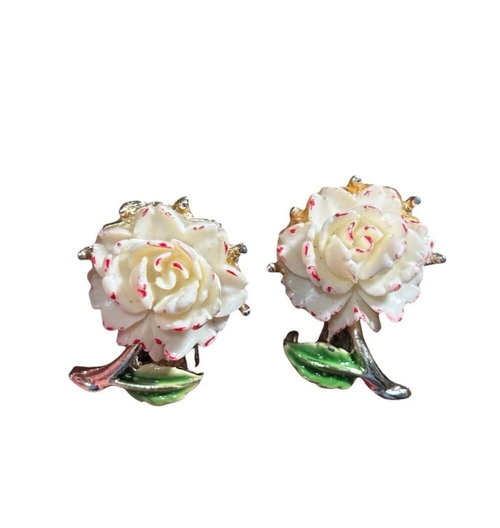 Vintage White Rose Clip On Earrings Hand Painted Enamel Floral Gold Tone